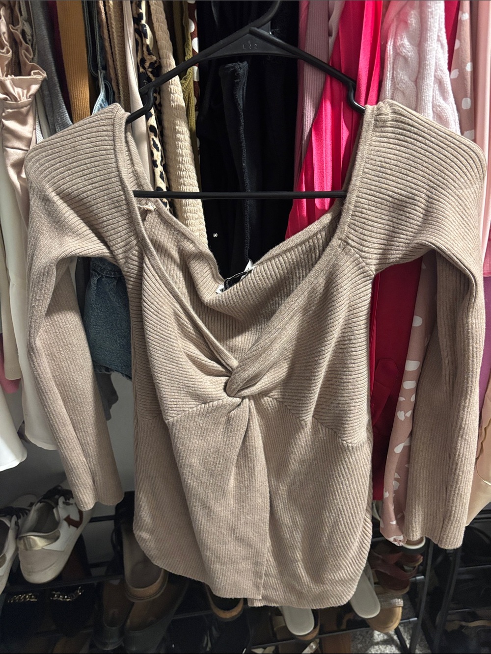 Abercrombie & Fitch Taupe Off-Shoulder Twist Knit Sweater